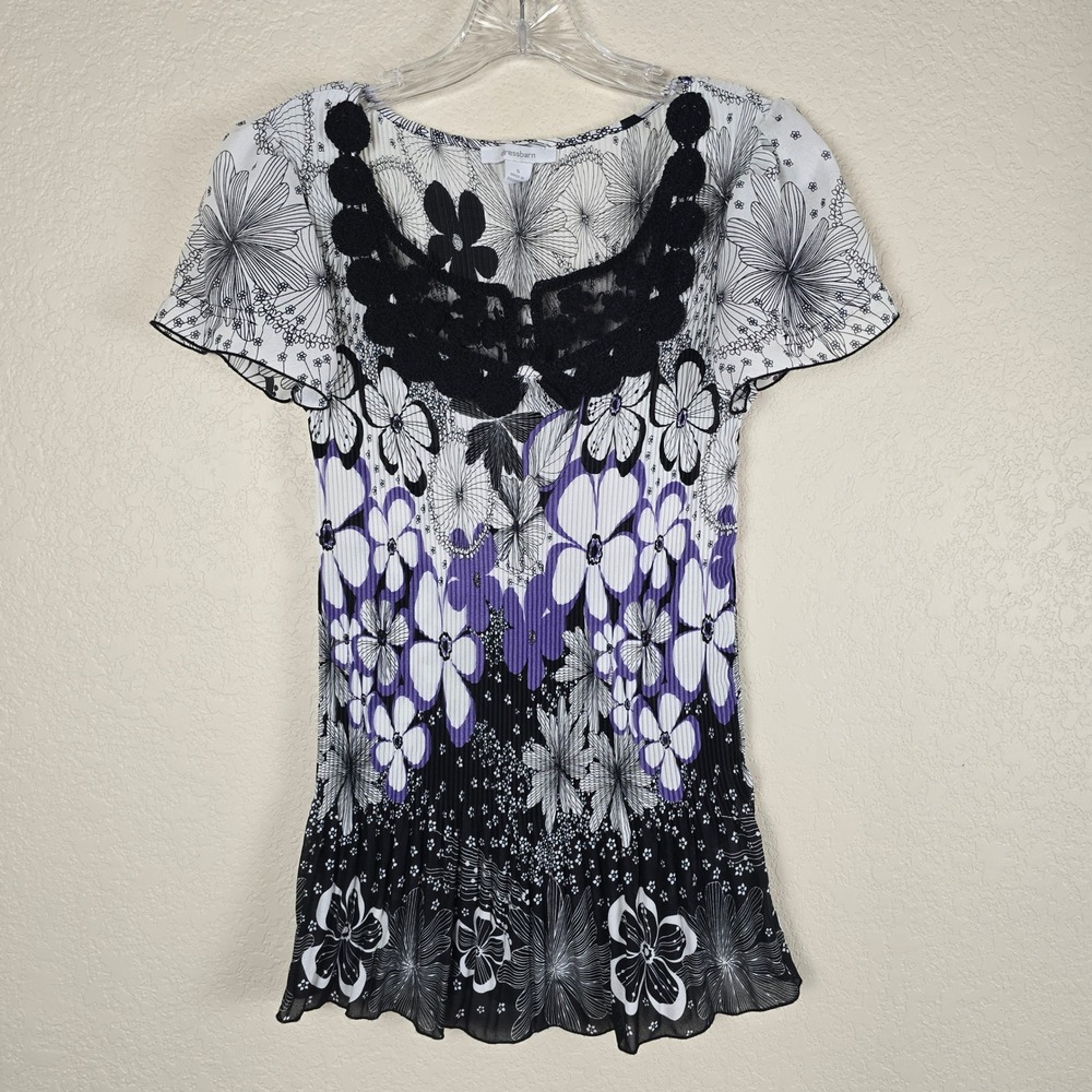 Y2K‎ Whimsigoth Floral Pleated Top Size S Black Purple Crochet Bib Boho Fairy